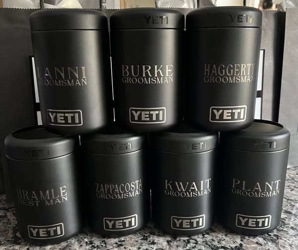 Black YETI colsters engraved for a wedding party