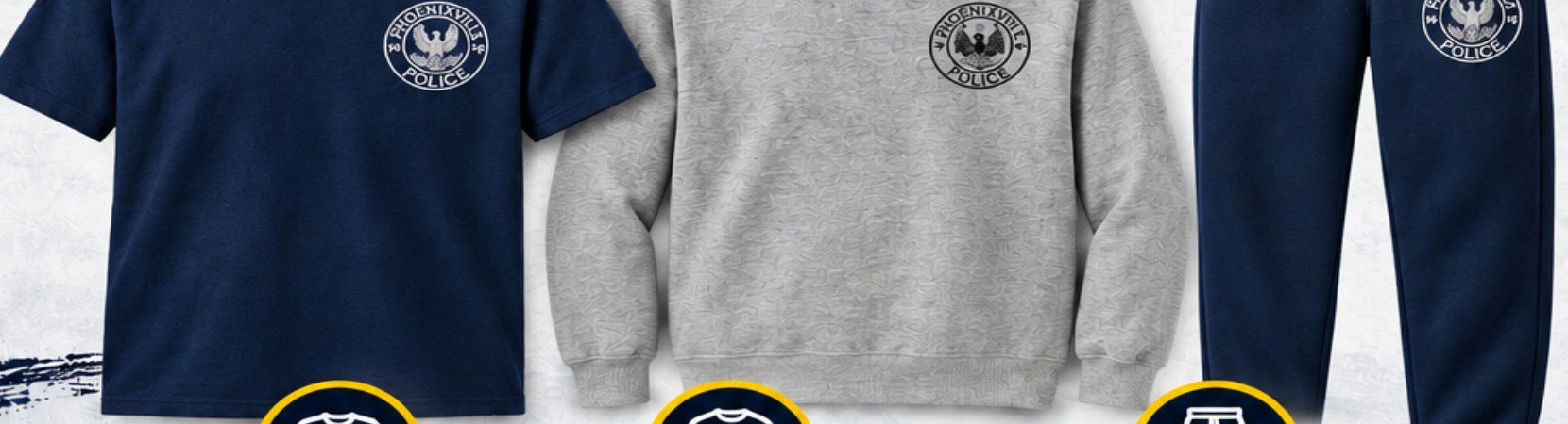 Phoenixville PD apparel — tees, crewnecks, and sweatpants