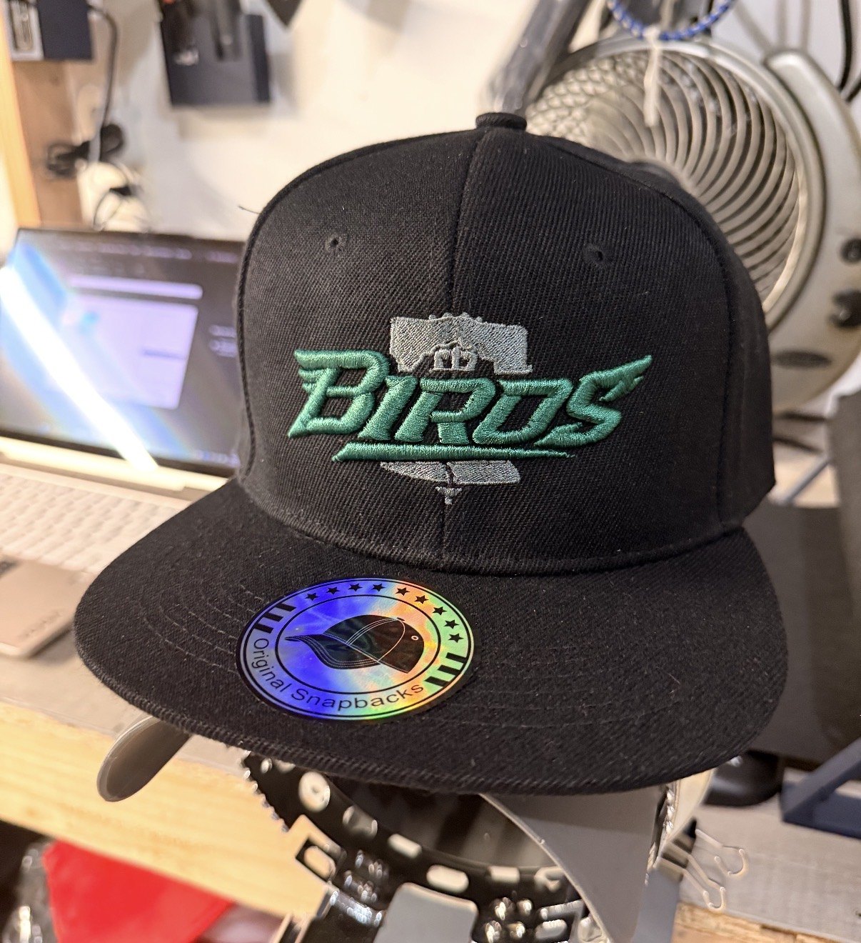Black snapback with BIRDS wordmark and Liberty Bell