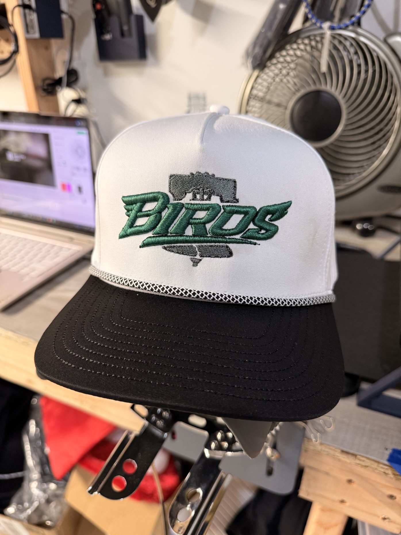 White and black rope trucker with 3D puff BIRDS and Liberty Bell